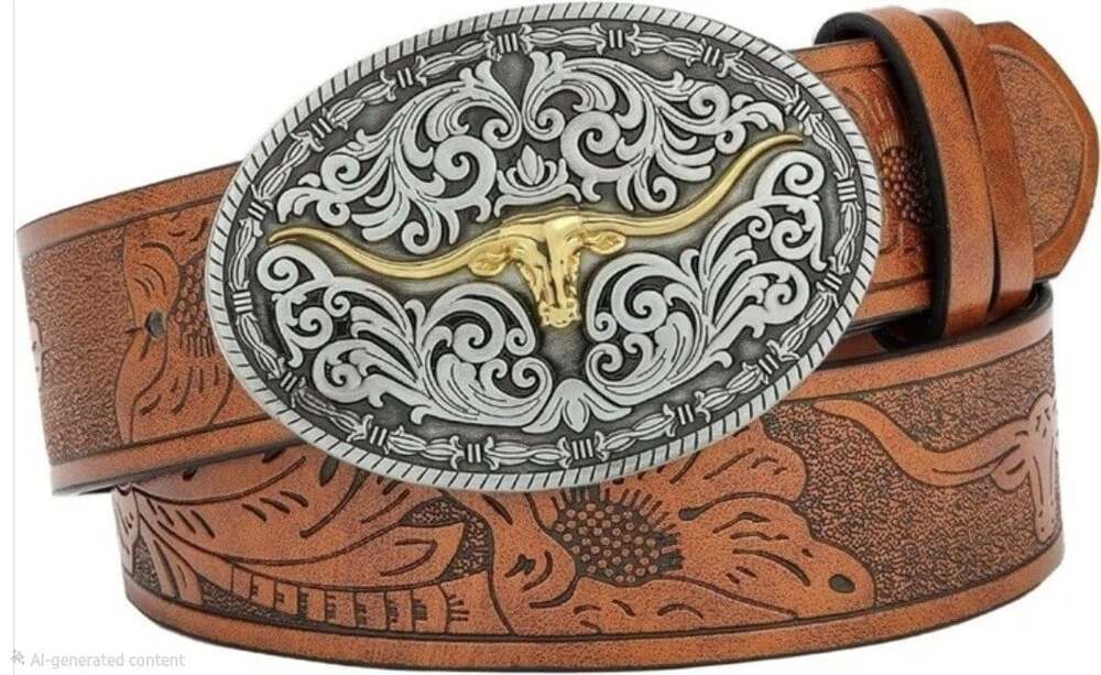 Western Cowboy Belts for Men Women- PU Leather Floral Pattern Engraved Longhorn